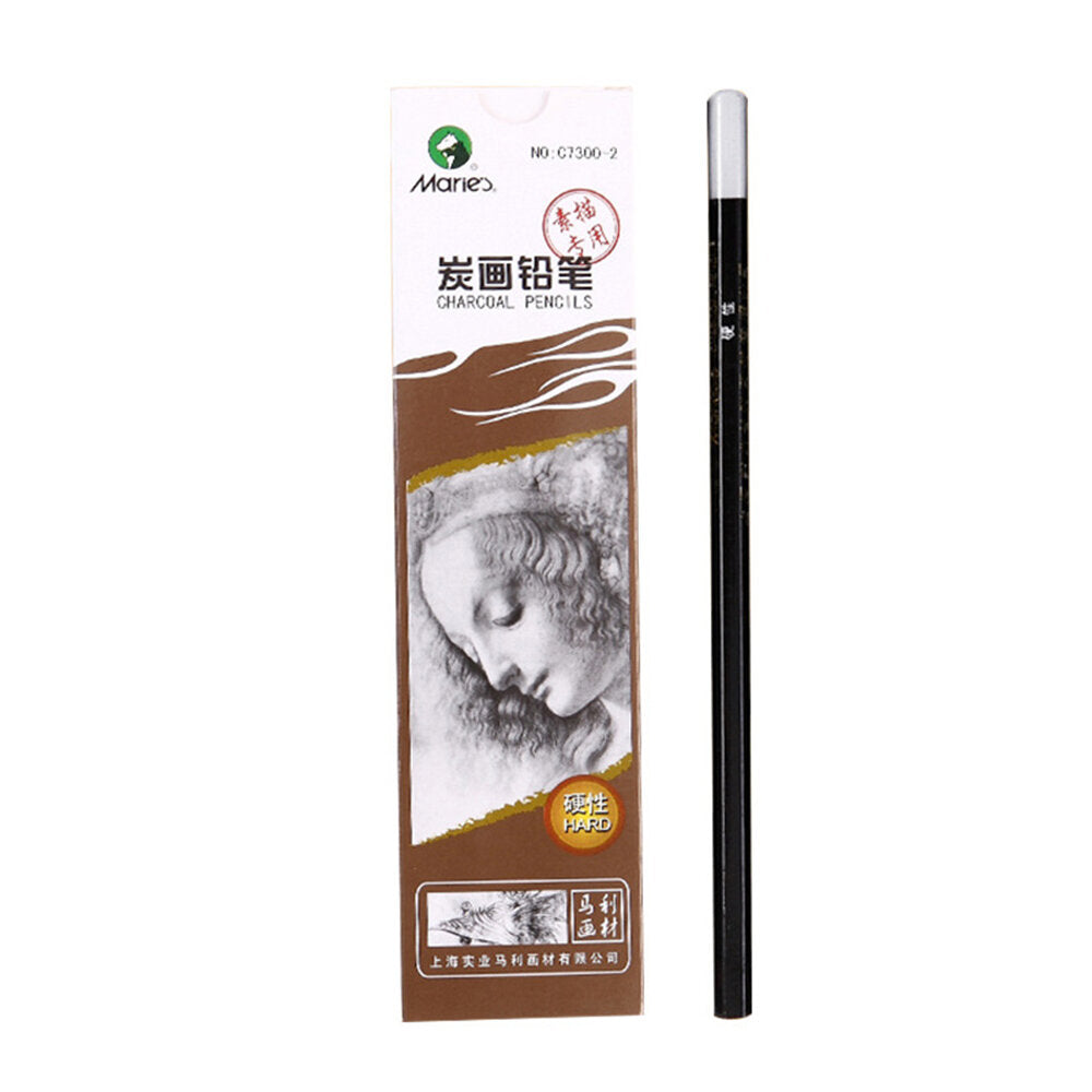 Maries C7300 12Pcs Charcoal Pencil Set Black Soft/Medium/Hard Nib Hexagon Pen Holder Pencil Sketching Charcoal Painting Pen
