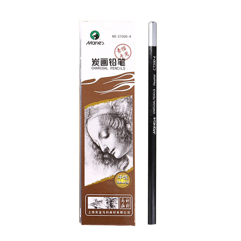 Maries C7300 12Pcs Charcoal Pencil Set Black Soft/Medium/Hard Nib Hexagon Pen Holder Pencil Sketching Charcoal Painting Pen