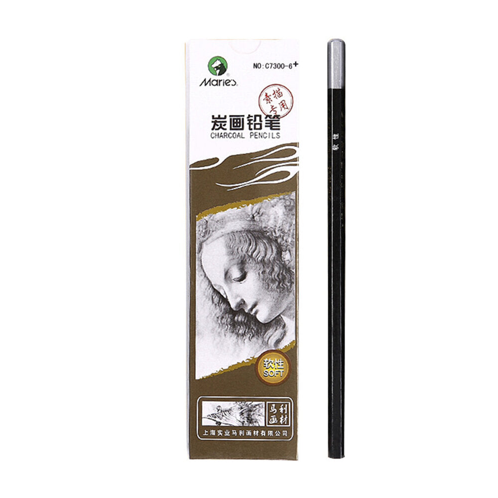 Maries C7300 12Pcs Charcoal Pencil Set Black Soft/Medium/Hard Nib Hexagon Pen Holder Pencil Sketching Charcoal Painting Pen