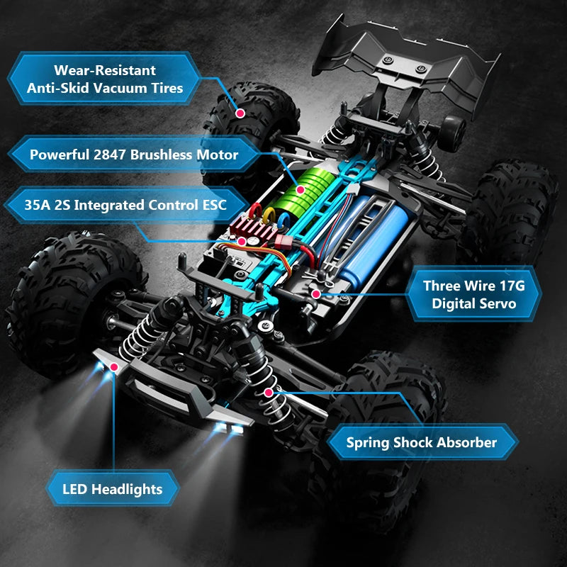 1:16 70KM/H High Speed RC Car with LED 2.4G Brushless 4WD Remote Control Car Off Road 4x4 Toys for Boys 16102PRO 16101PRO