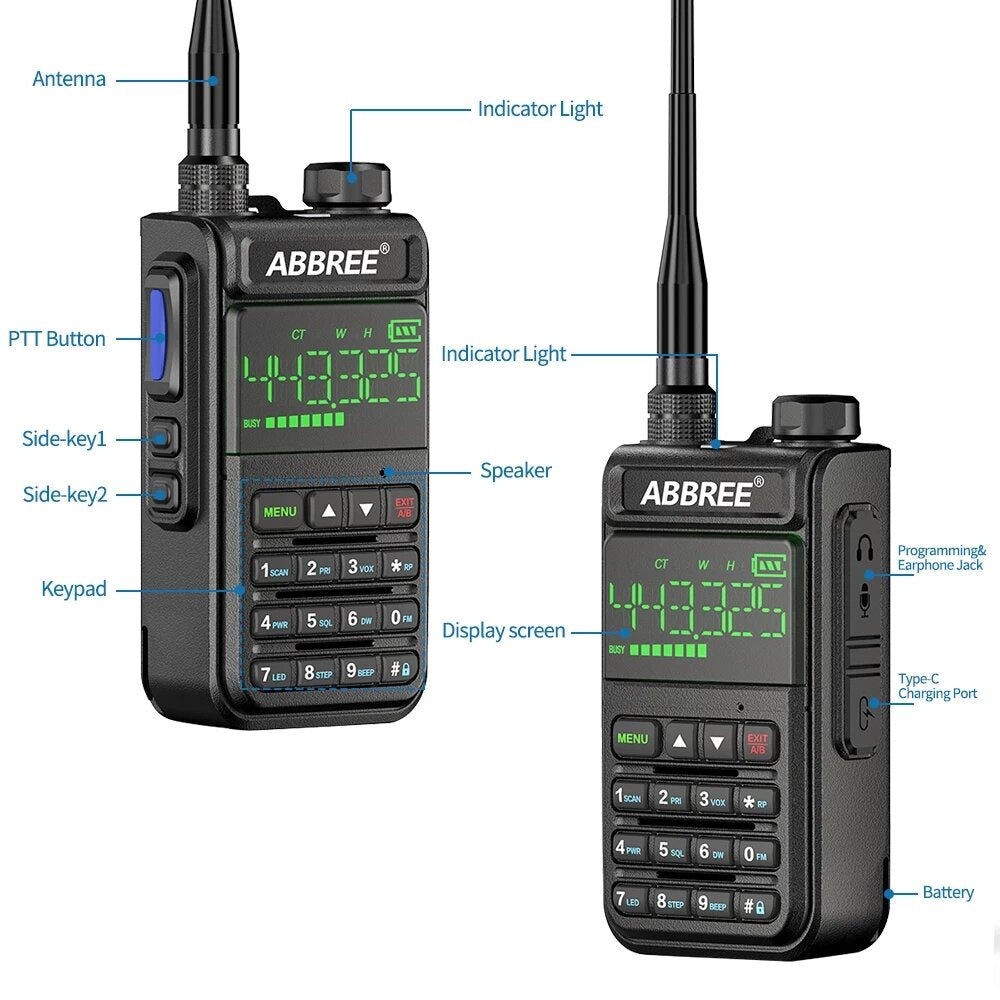 Abbree Ar-518 Full Bands Walkie Talkie 128 Channels Lcd