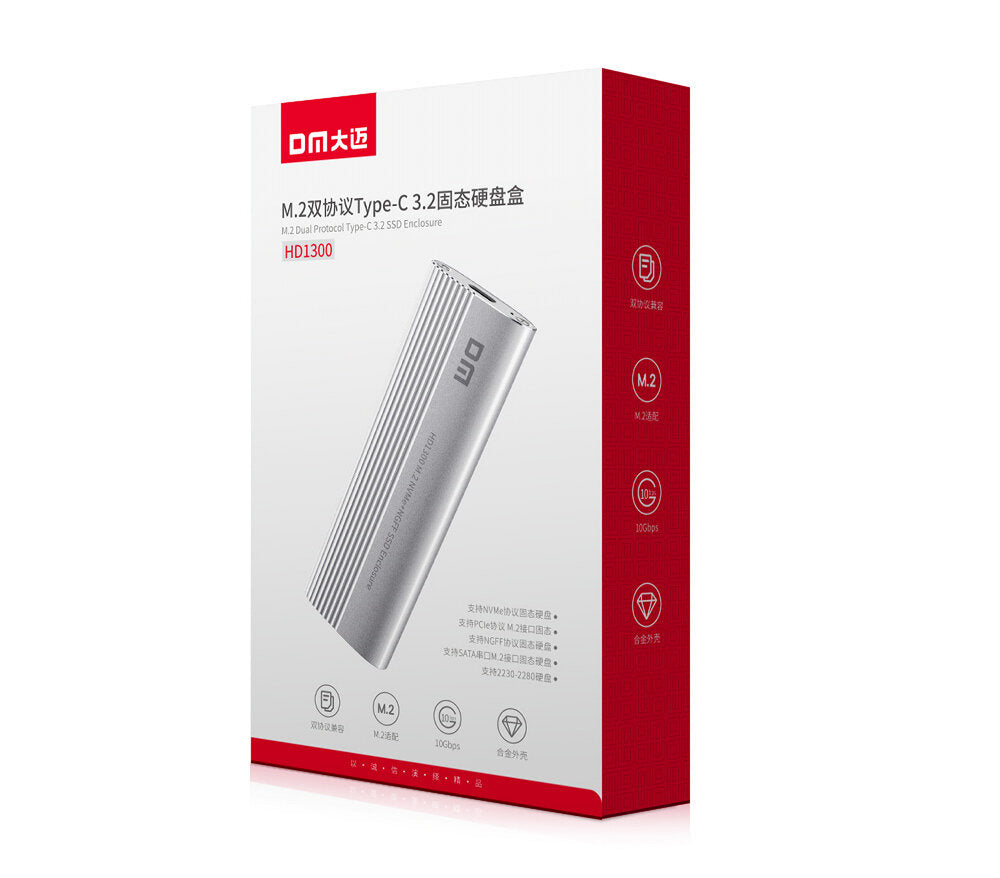 DM Dual Protocol M.2 NVME NGFF SSD Enclosure Case 10Gbps USB3.2 & Type-C Solid State Hard Disk Box HD1300