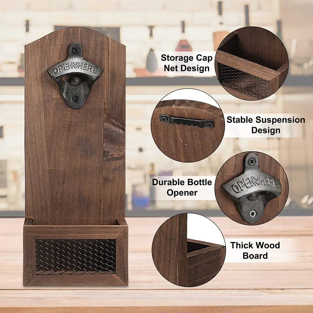 Bottle Opener Wooden Wall Mount: Cap Catcher Tool
