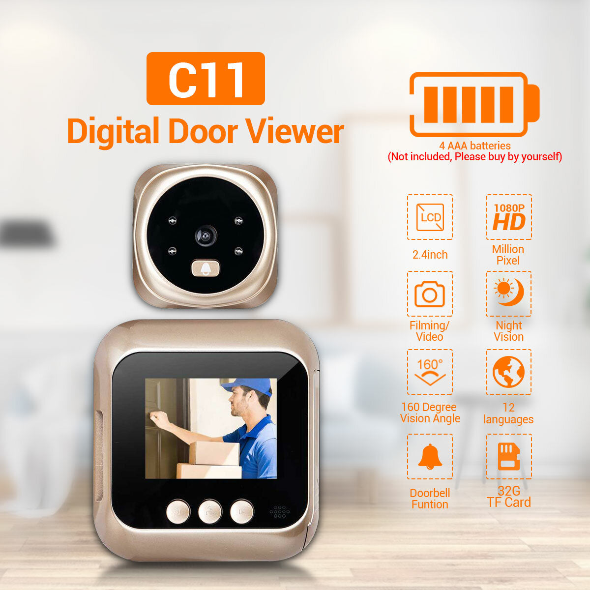 C11 Hd 1080p 2.4 Lcd Screen Cat’s Eye Camera Doorbell