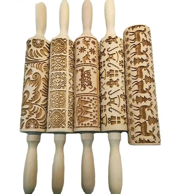 Christmas Rolling Pins: Wooden Embossing Baking Cookies
