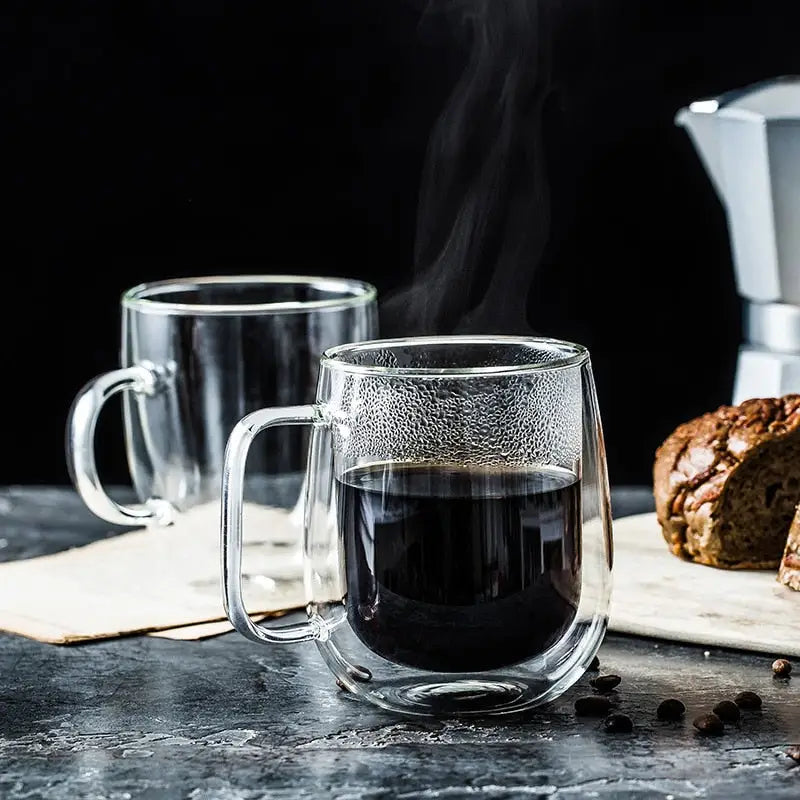 Double Wall Glass Mug Heat Resistant Handle Coffee Juice Cup
