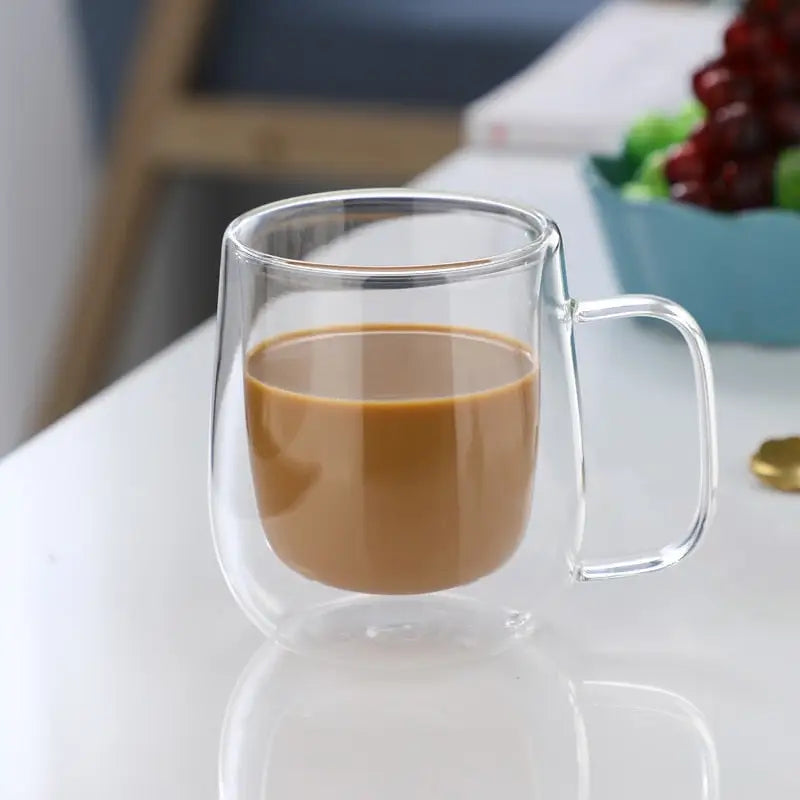 Double Wall Glass Mug Heat Resistant Handle Coffee Juice Cup