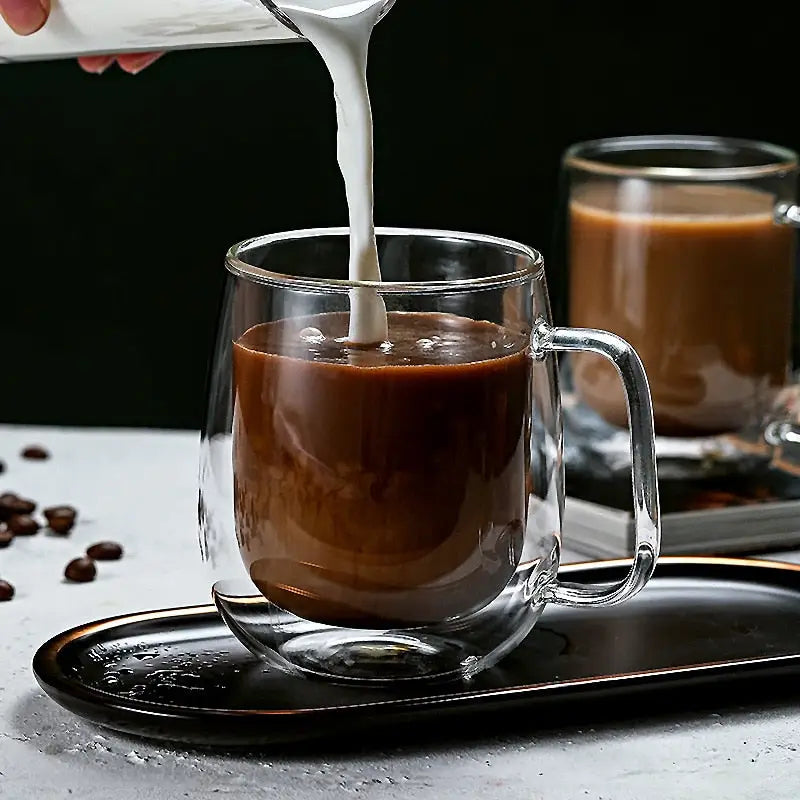Double Wall Glass Mug Heat Resistant Handle Coffee Juice Cup