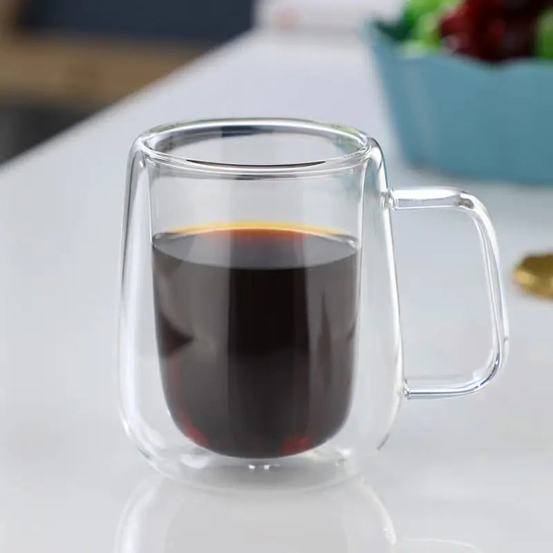 Double Wall Glass Mug Heat Resistant Handle Coffee Juice Cup