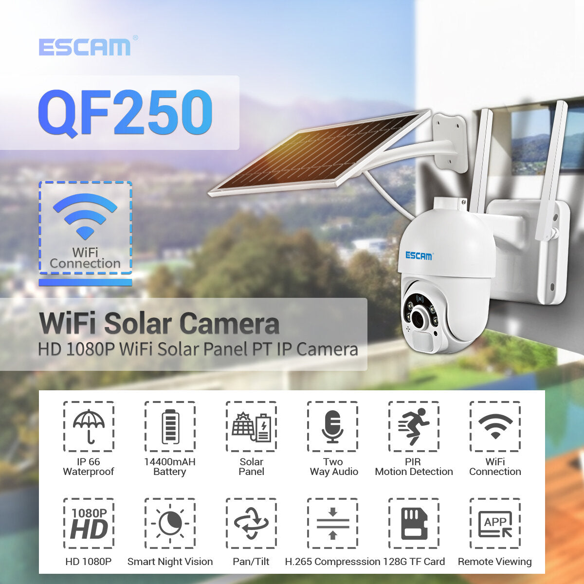 Escam Qf250 1080p Cloud Storage Wifi Battery Pir Alarm Dome