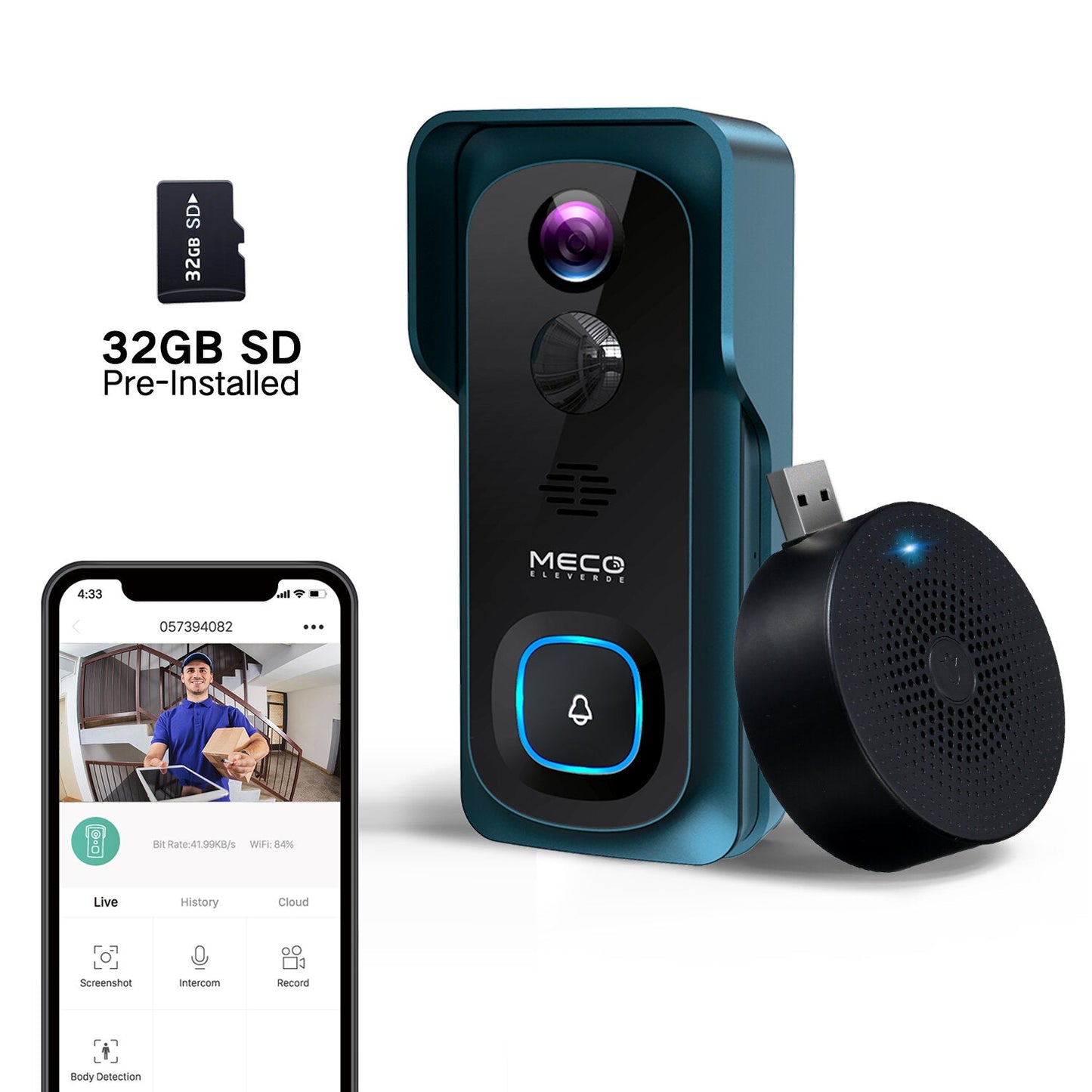 Meco Ele Video Doorbell Wireless 1080p Camera With Free