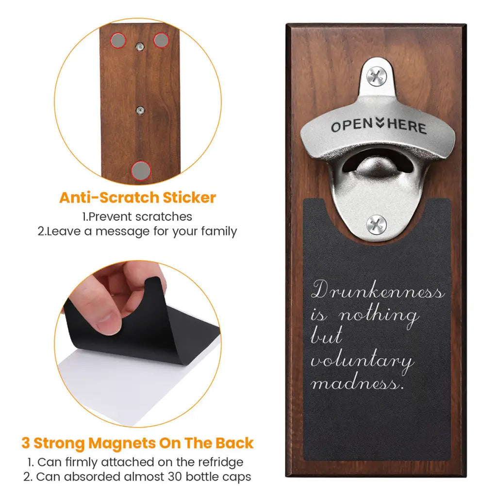 Wooden Wall Mounted Bottle Opener With Magnetic Catch