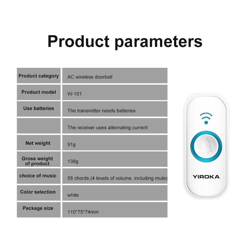Yiroka W101 433mhz Wireless Doorbell 150m Long Distance Home