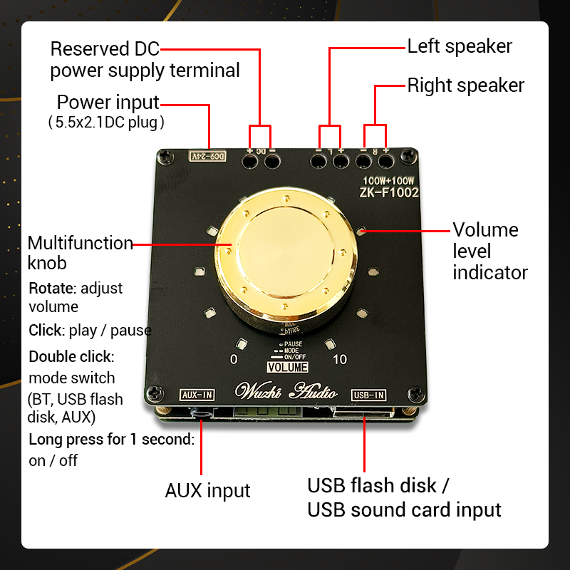 ZK-F1002 Volume Indicator bluetooth Audio Power Amplifier Board Module TPA3116D2 Stereo 100Wx2