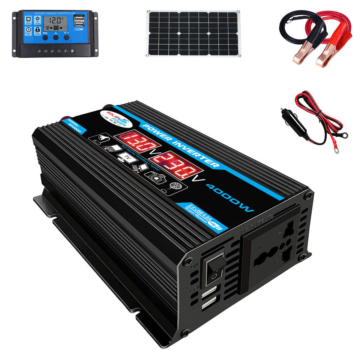 Solar Power Generation System 18W Solar Panel + 4000W Dual USB LCD Power Inverter 12V to 220V/110V 30A Solar Charge Controller 12V w/ Dual USB Charger Ports Solar System Set