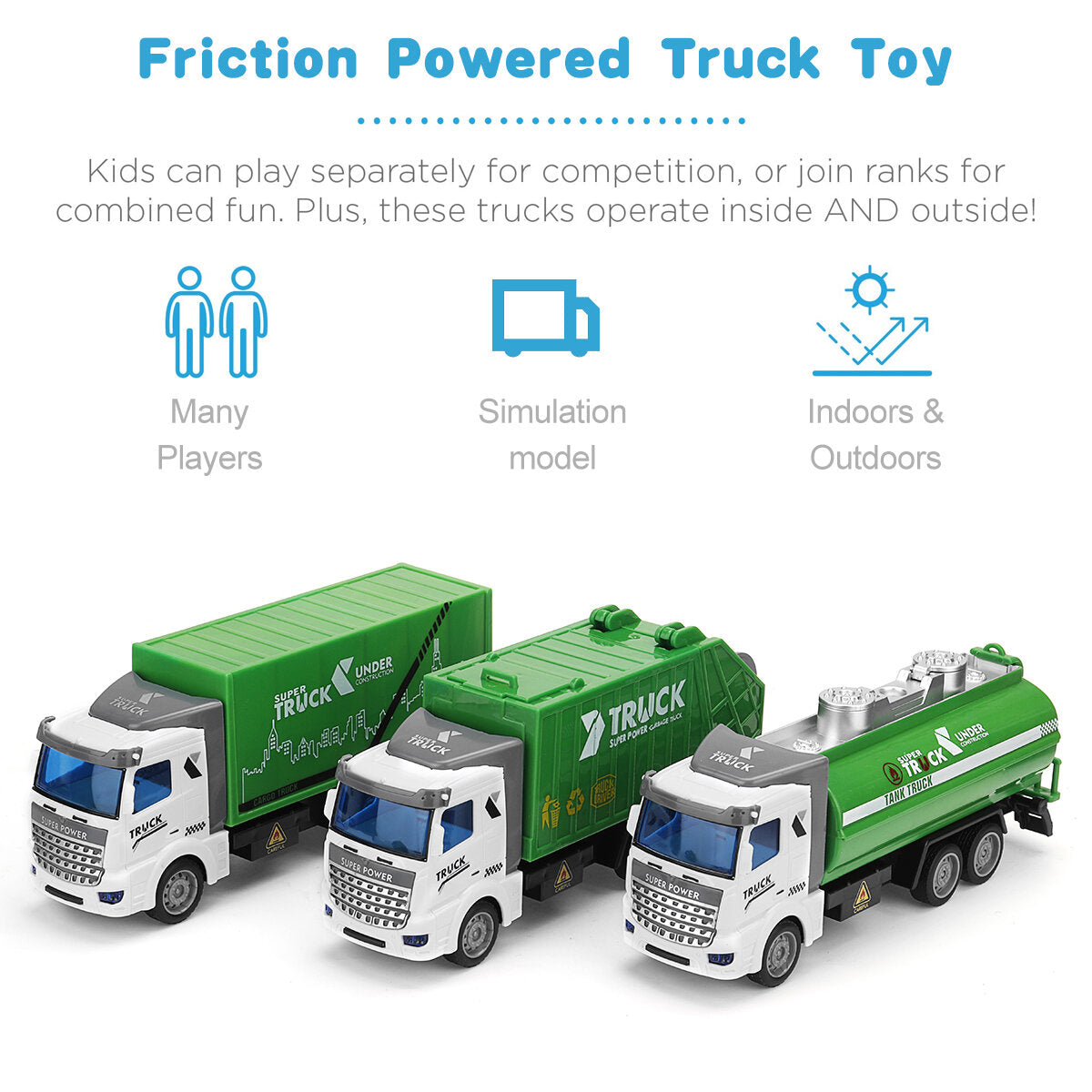 1: 48 Green Sprinkler / Container / Garbage Truck Flat Head Recycling Sanitation Truck Toys