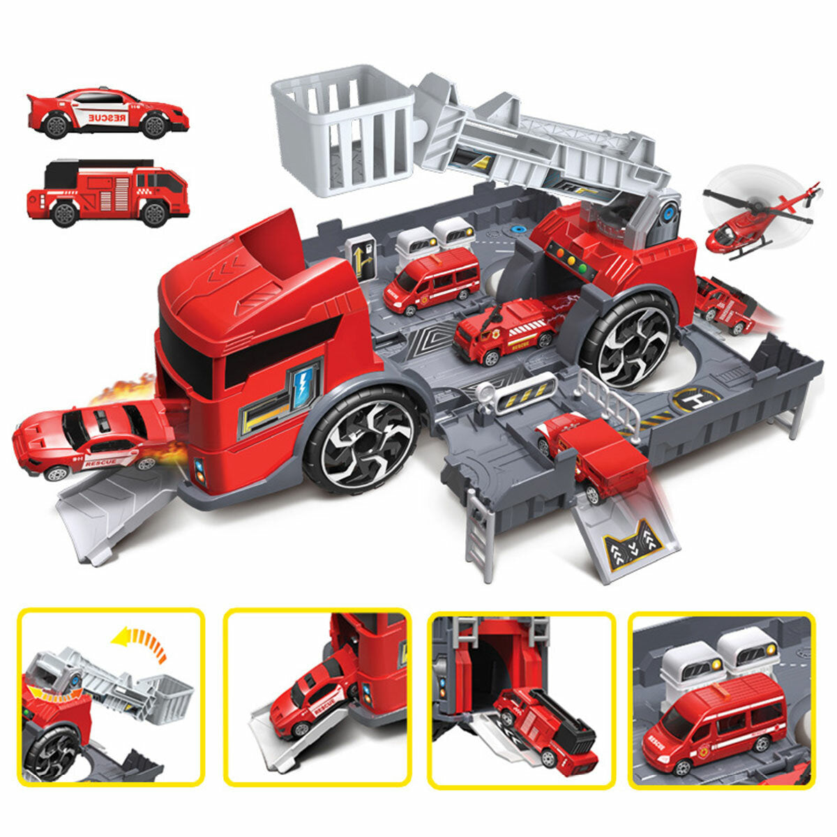 Fire Fighting Suit / Engineering Suit / 4 Red Cars / 4 Yellow Cars Deformation Fire Fighting Engineering Cars Storage Parking Lot Puzzle Inertia Car Model Toys