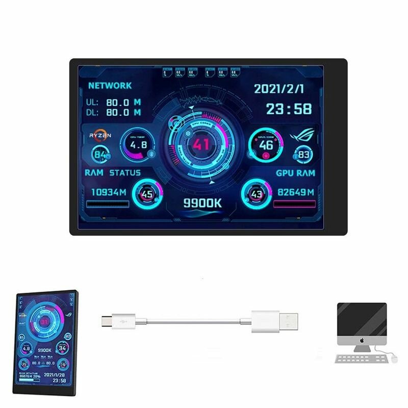 Computer Monitor for Mini ITX Case 3.5" IPS TYPE-C Secondary Screen CPU GPU RAM HDD USB Display AIDA64 +Stand + USB Hub
