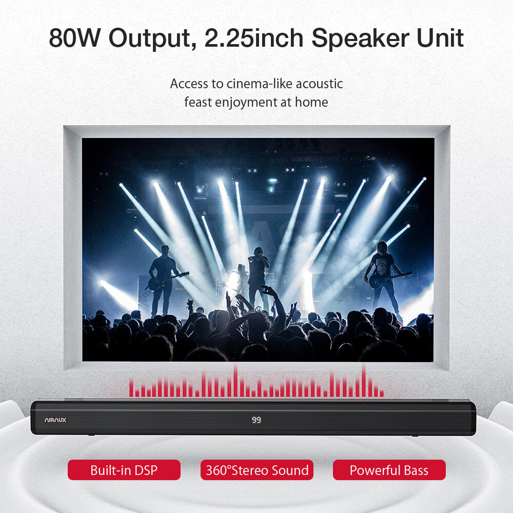 AirAux AA-SAR2 80W bluetooth Soundbar TV Bar 2.1 Channel Bass Subwoofer 3D EQ HDMI COA AUX USB Remote Control Home Theater Speaker