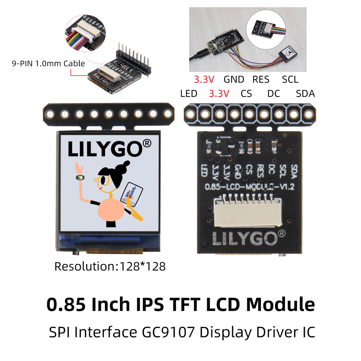 LILYGO T-0.85 Inch LCD Module GC9107 Full Color Display IPS 128*128 Screen Development Board PH1.0mm Cable Holder For Arduino