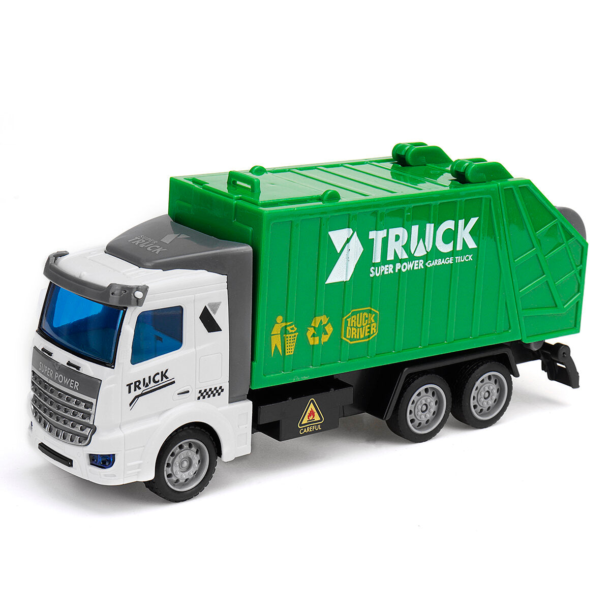 1: 48 Green Sprinkler / Container / Garbage Truck Flat Head Recycling Sanitation Truck Toys