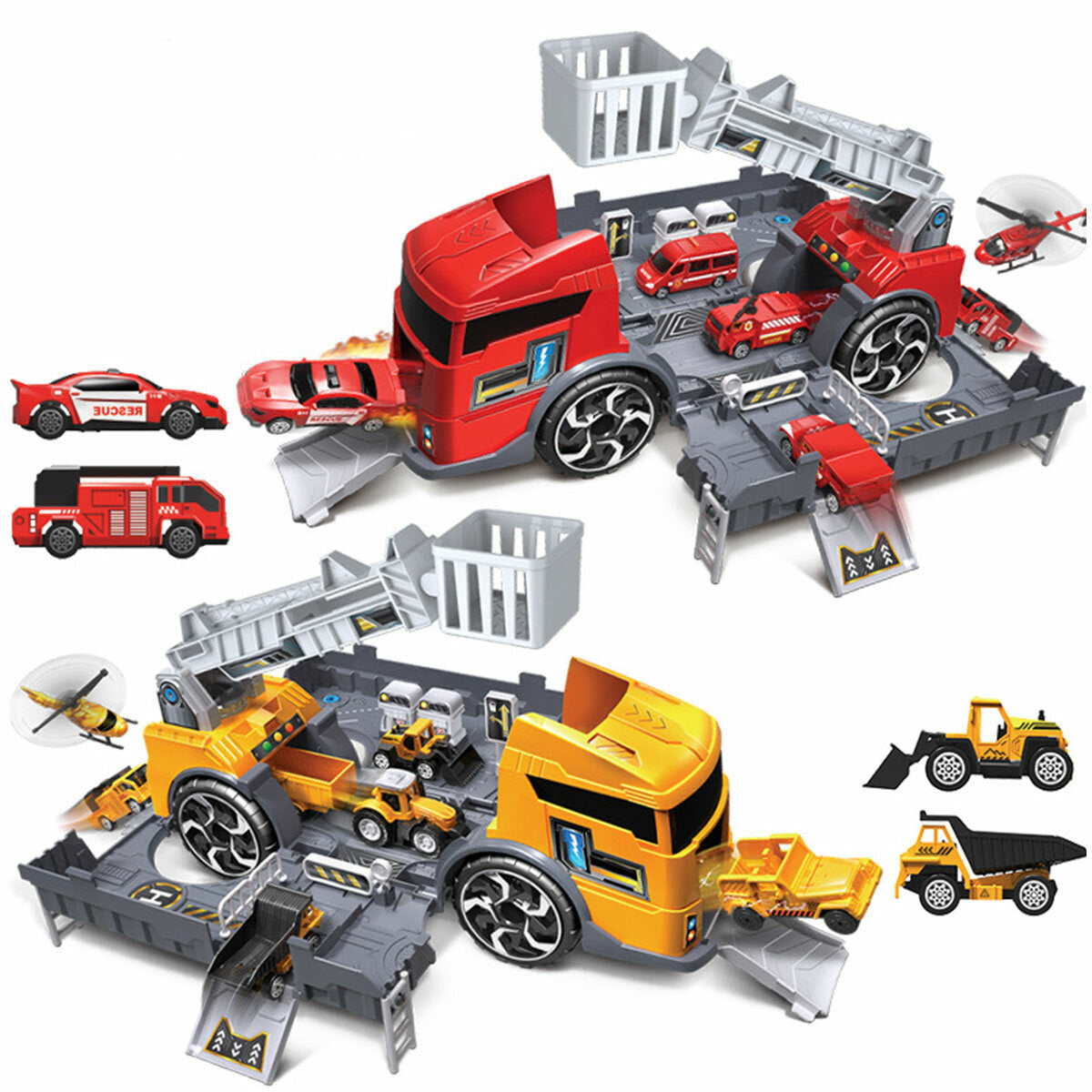 Fire Fighting Suit / Engineering Suit / 4 Red Cars / 4 Yellow Cars Deformation Fire Fighting Engineering Cars Storage Parking Lot Puzzle Inertia Car Model Toys