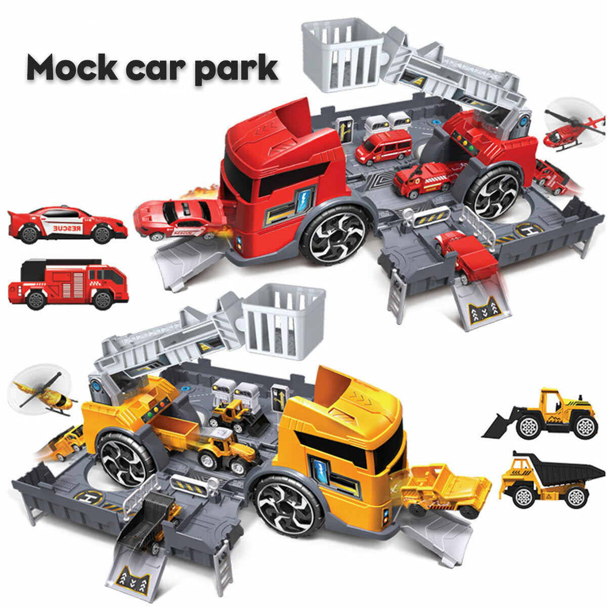Fire Fighting Suit / Engineering Suit / 4 Red Cars / 4 Yellow Cars Deformation Fire Fighting Engineering Cars Storage Parking Lot Puzzle Inertia Car Model Toys