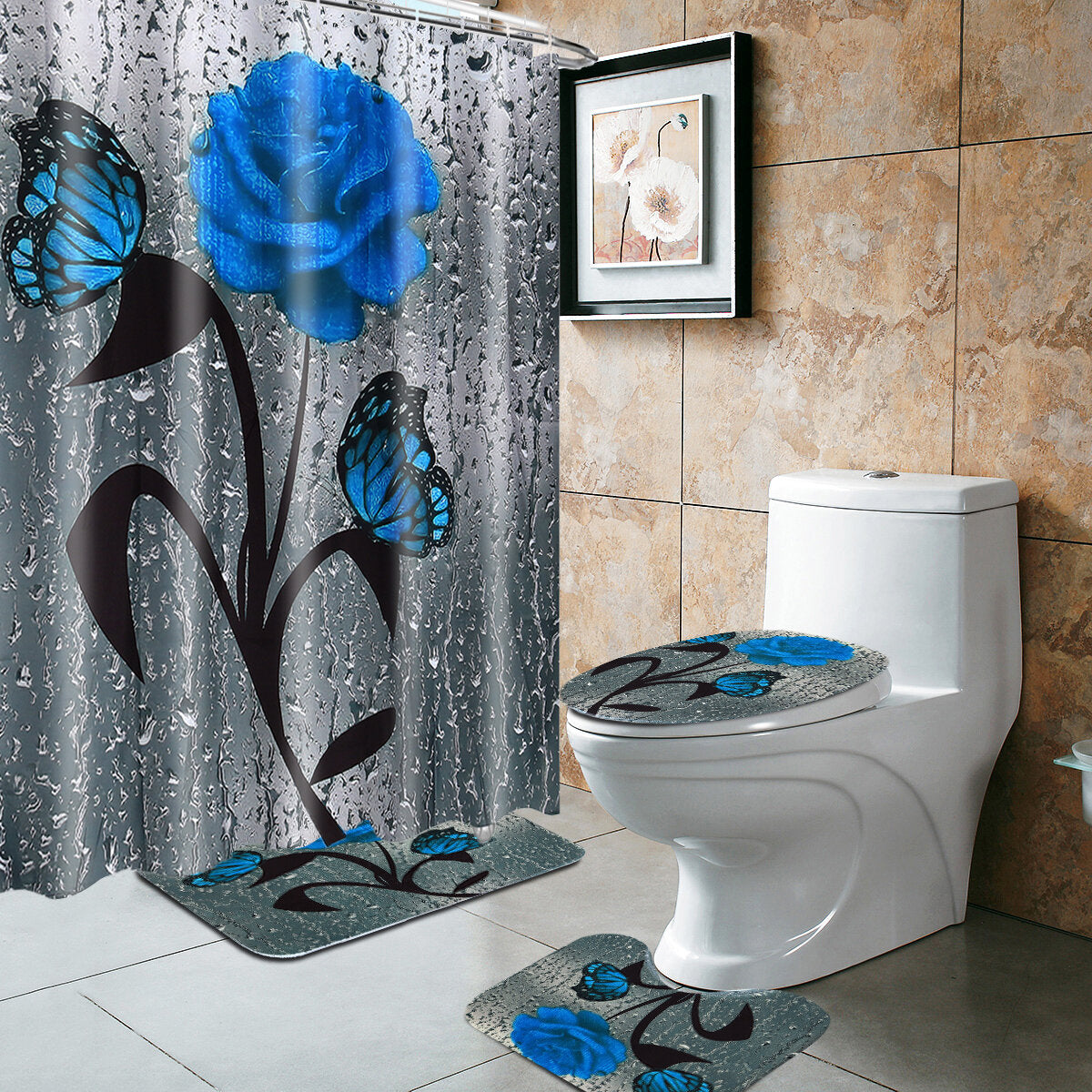 Bathroom Shower Curtain Waterproof Rings Hook Lid Toilet Cover Set 180x180CM