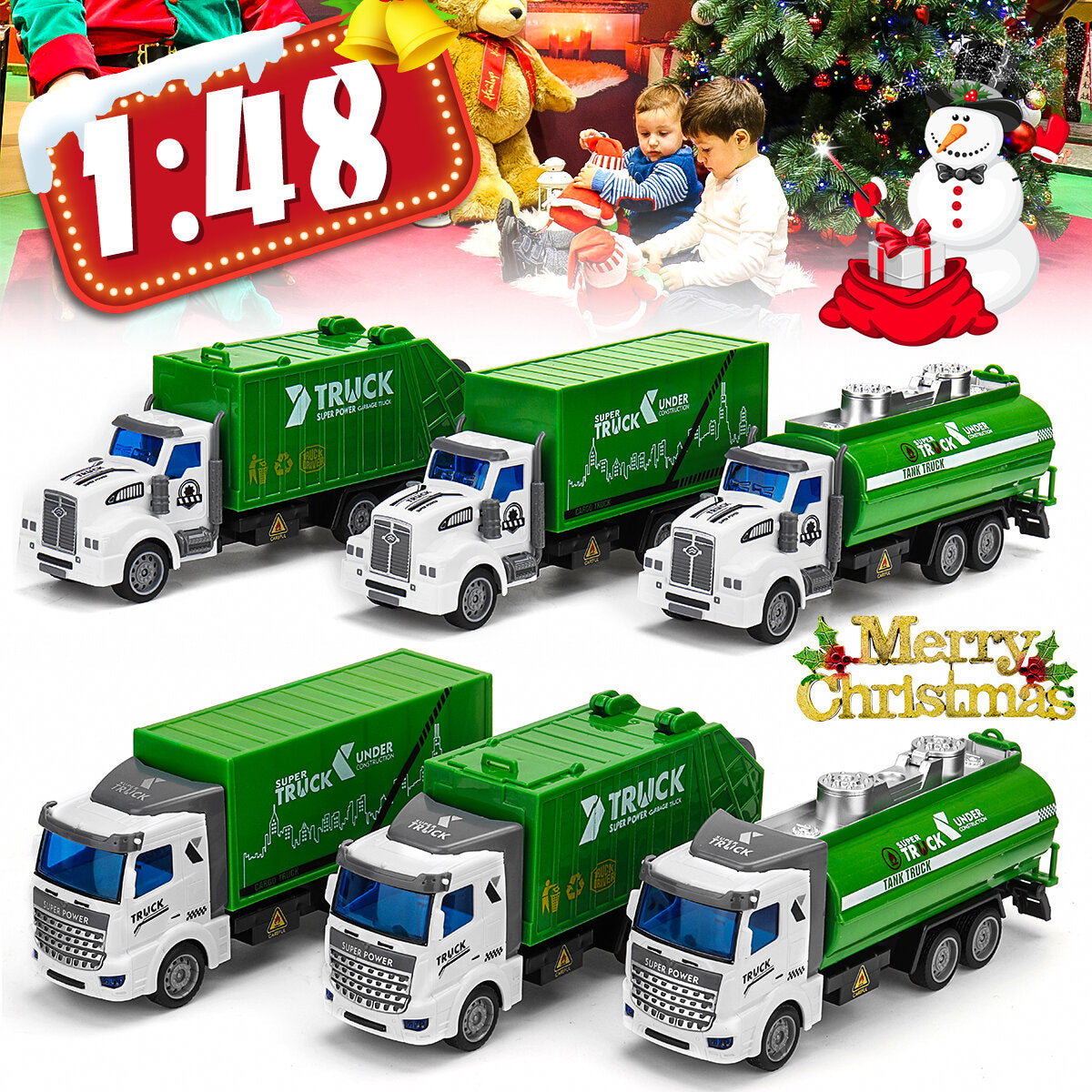 1: 48 Green Sprinkler / Container / Garbage Truck Flat Head Recycling Sanitation Truck Toys