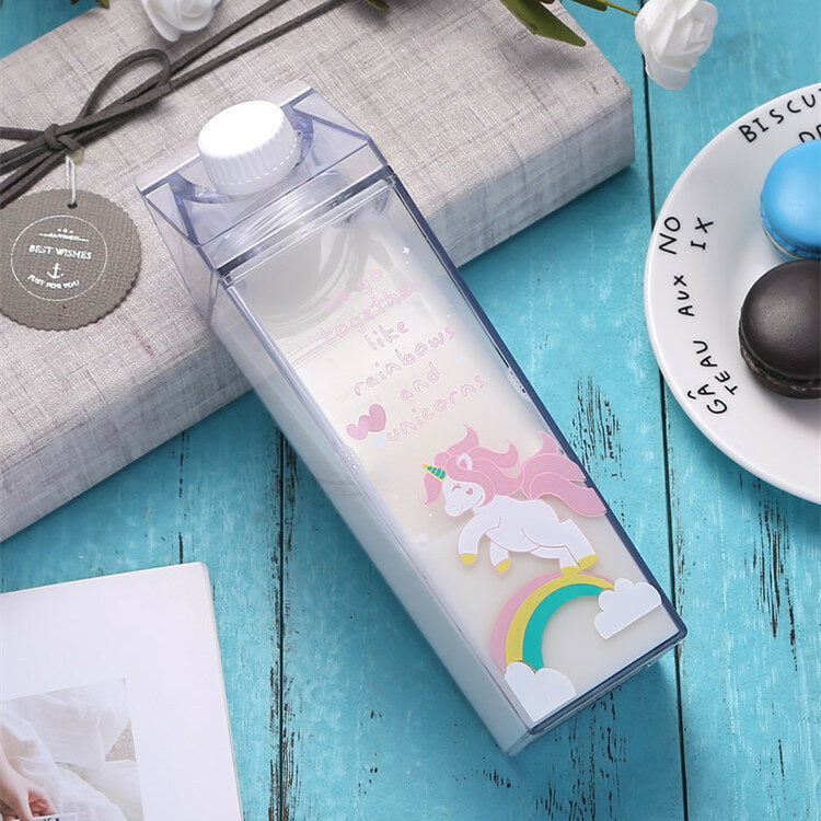 Portable Cup Novelty Milk Carton Shaped Cartoon Unicorn Printed Water Bottle