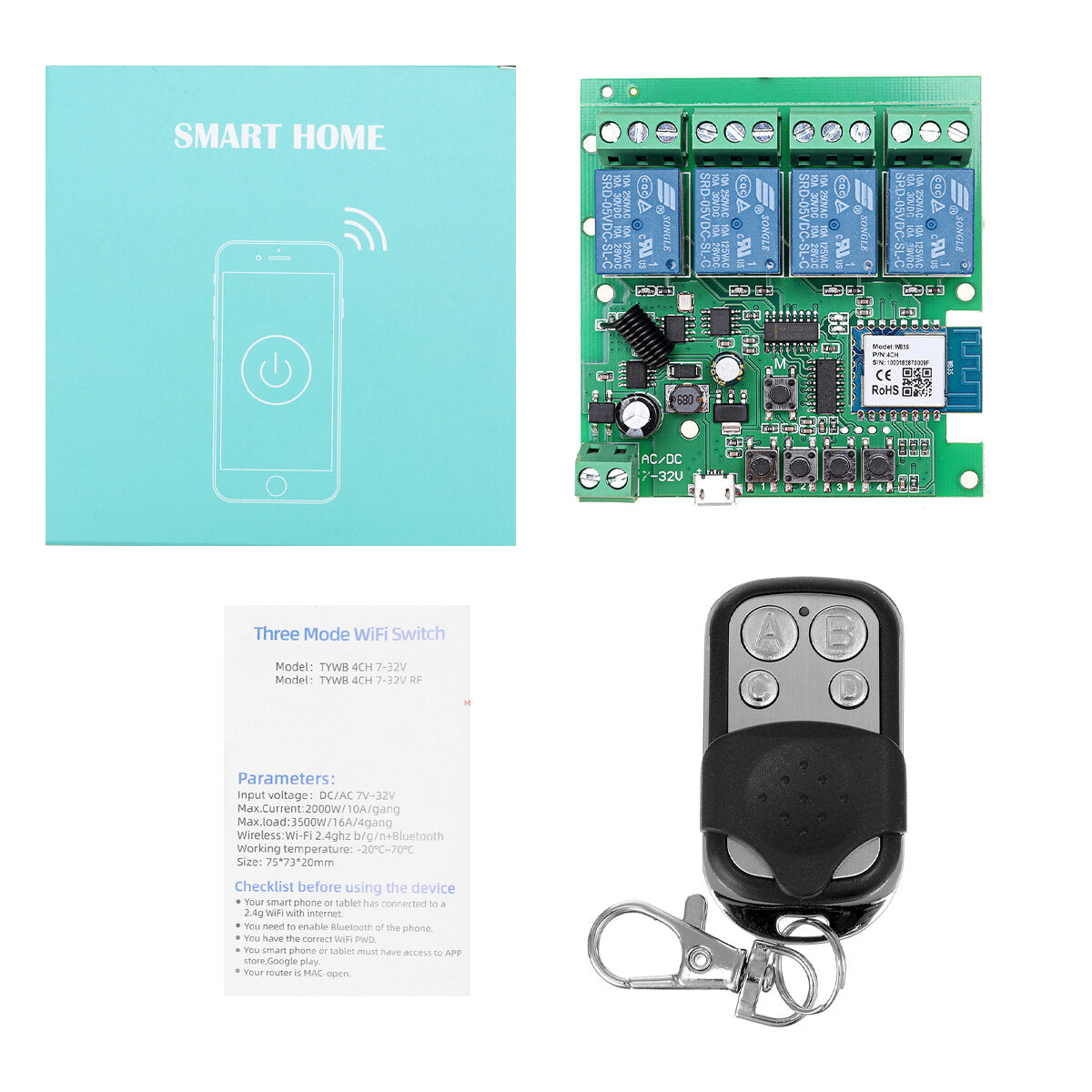 EACHEN Tuya 433RF WiFi 4-way Relay Module Momentary/Self-lock/Interlock Switch Module with Remote Control