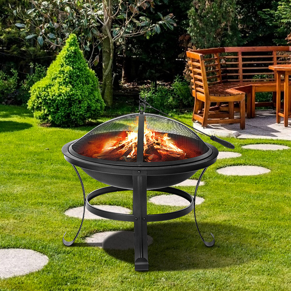 SinglyFire 22 inch Patio Steel Fire Pit Outdoor Camping Picnic Garden BBQ Grill Patio Burner Heater Cooking Stove with Spark Screen Cover