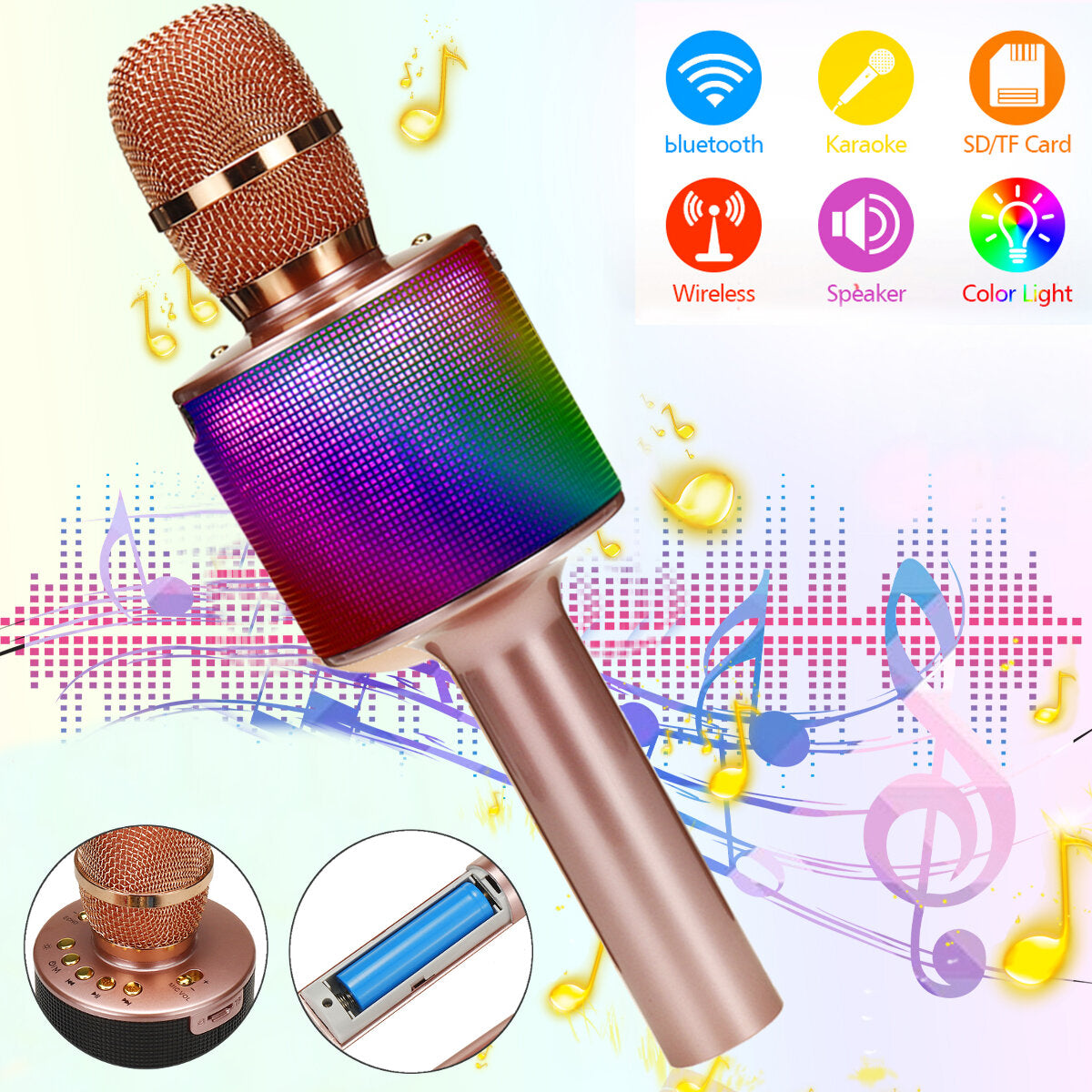 Bakeey D03 Wireless Microphone bluetooth Speaker HIFI TF Card AUX-In Luminous 2600mAh Music Player Recorder for K Songs Karaoke KTV Singing