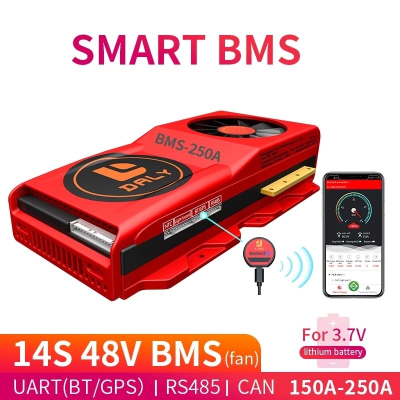 DALY BMS 14S 48V 150A 200A 250A Bluetooth 485 to USB Device CAN NTC UART Software Li-on Battery Protection Board BMS with Fan