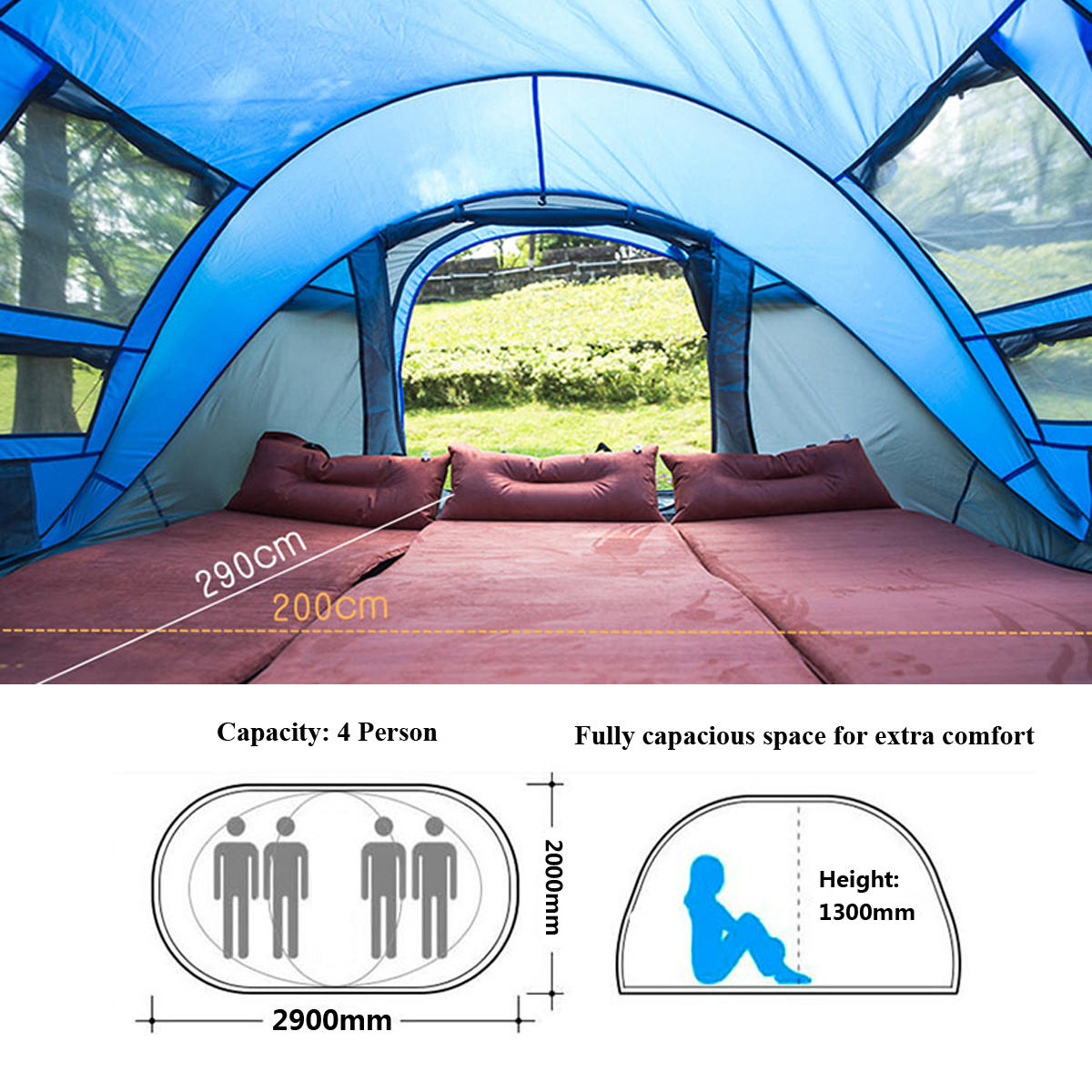 Outdoor 3-4 Persons Camping Tent Automatic Opening Single Layer Canopy Waterproof Anti-UV Sunshade