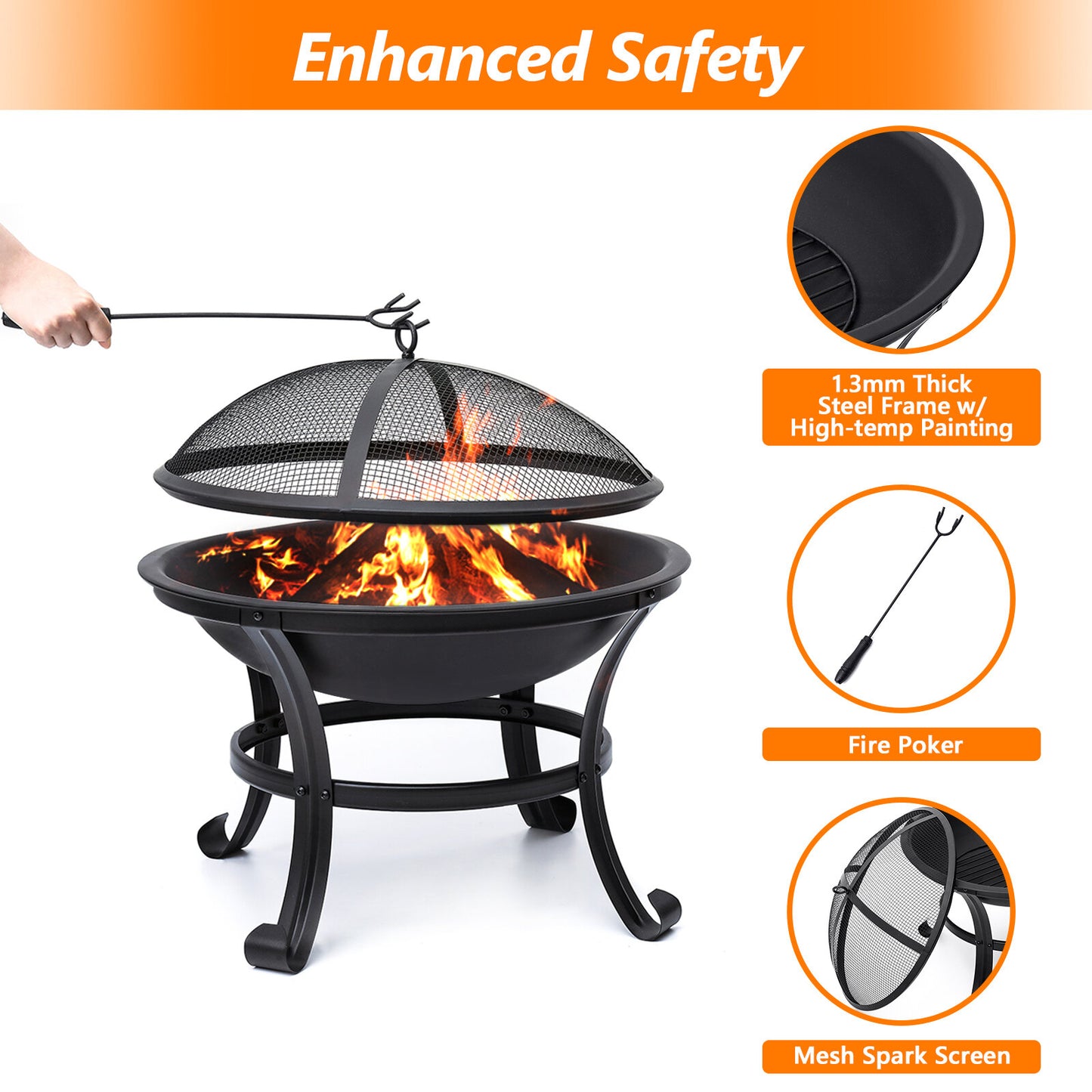 Kingso 22 inch Fire Pit Steel Wood Burning Small Firepit with Spark Screen Log Grate Poker