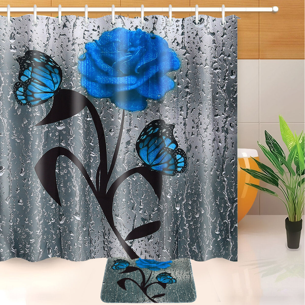 Bathroom Shower Curtain Waterproof Rings Hook Lid Toilet Cover Set 180x180CM