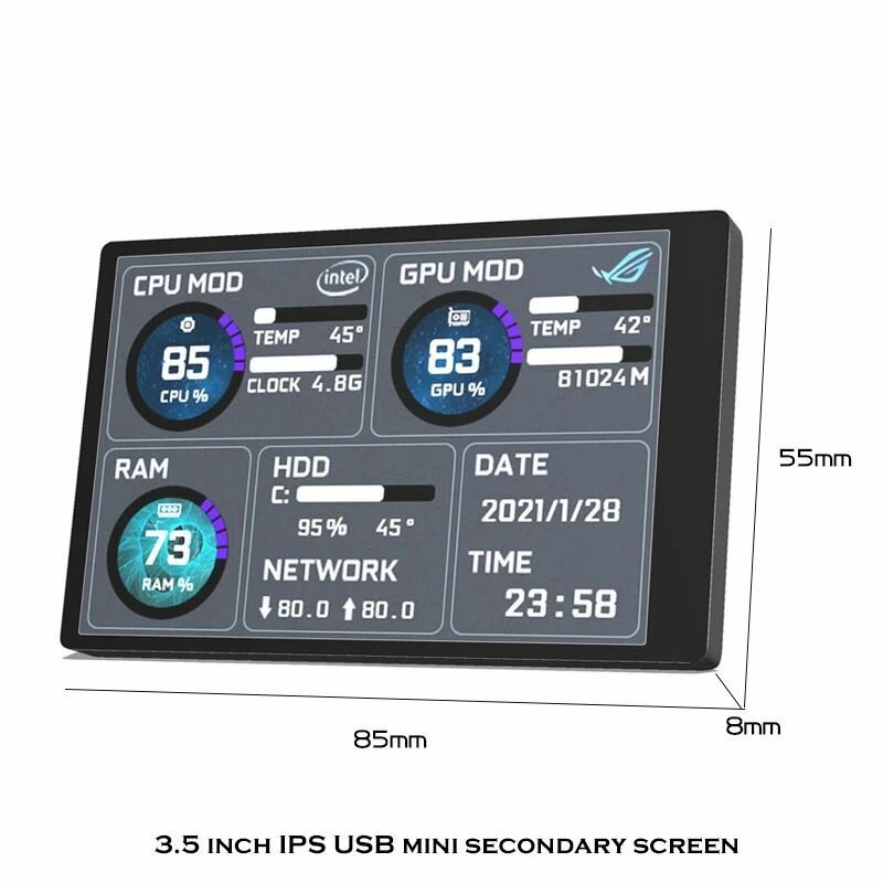 Computer Monitor for Mini ITX Case 3.5" IPS TYPE-C Secondary Screen CPU GPU RAM HDD USB Display AIDA64 +Stand + USB Hub
