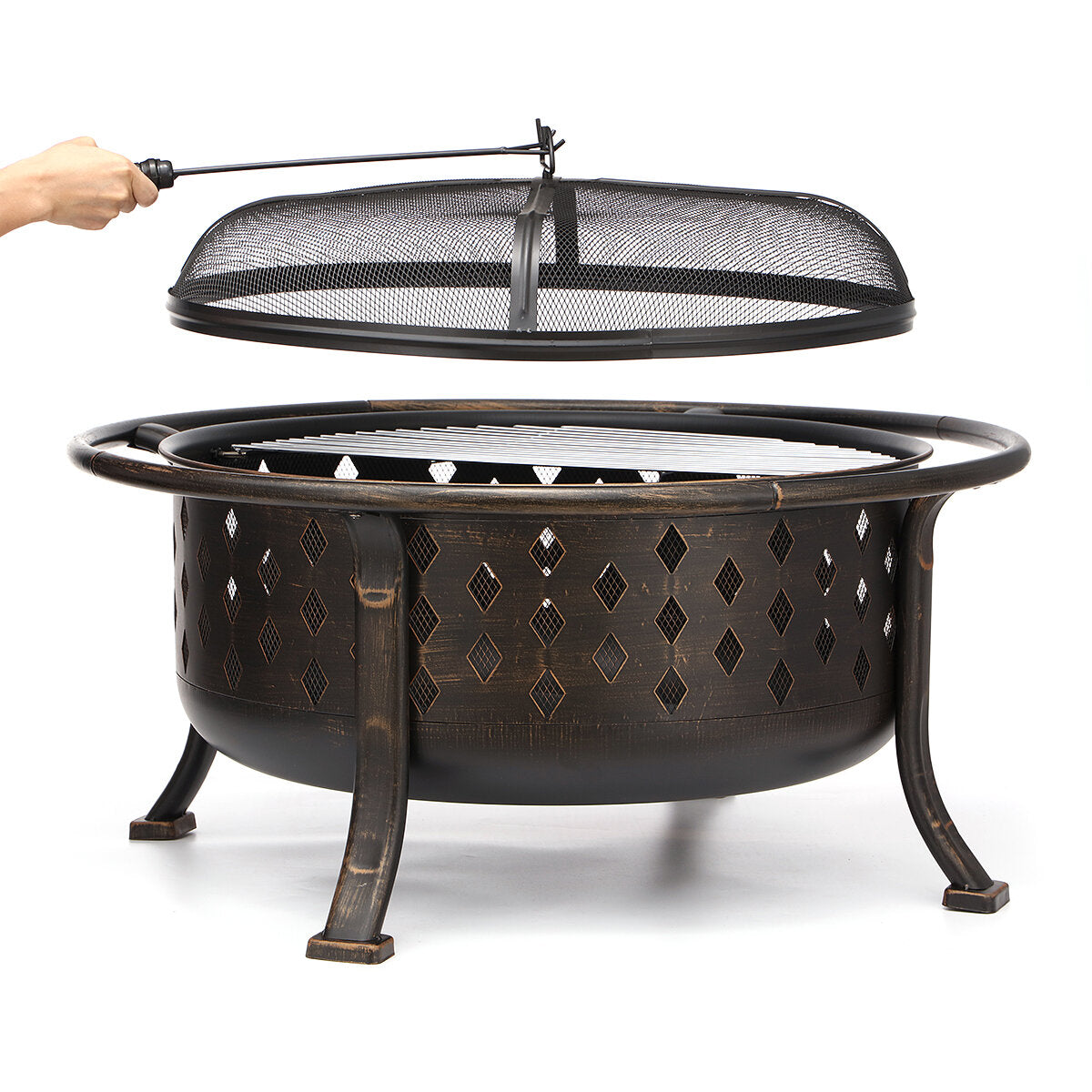 Kingso 36 Inch Fire Pit Bronze Round Steel Wood Burning Firepit with Porker Spark Screen