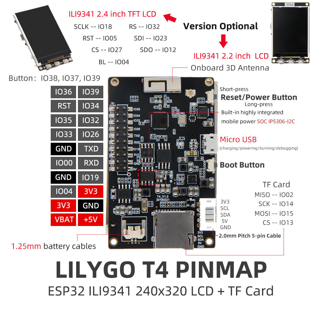 LILYGO TTGO T4 V1.3 ILI9341 2.4 inch LCD Display Backlight Adjustment CH9102F ESP32 Development Board WIFI Wireless Bluetooth Module
