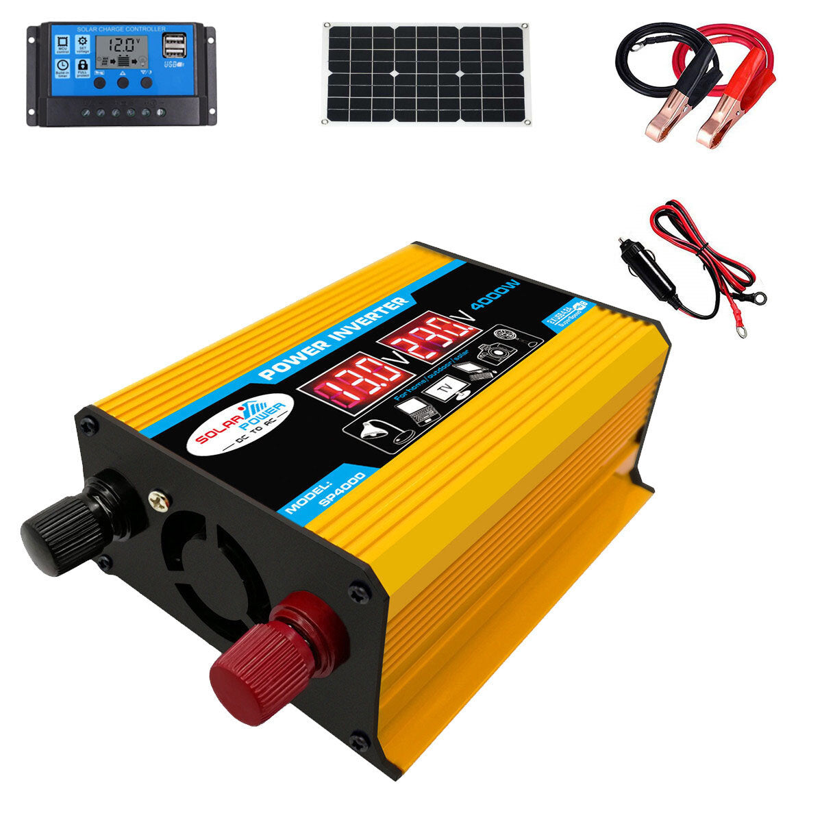 Solar Power Generation System 18W Solar Panel + 4000W Dual USB LCD Power Inverter 12V to 220V/110V 30A Solar Charge Controller 12V w/ Dual USB Charger Ports Solar System Set