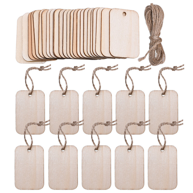 TWOTREES 50Pcs Nature Wood Slice Gift Tags Blank Rectangle Wooden Hanging Label With Hemp Ropes for DIY Decoration for Laser Engraving