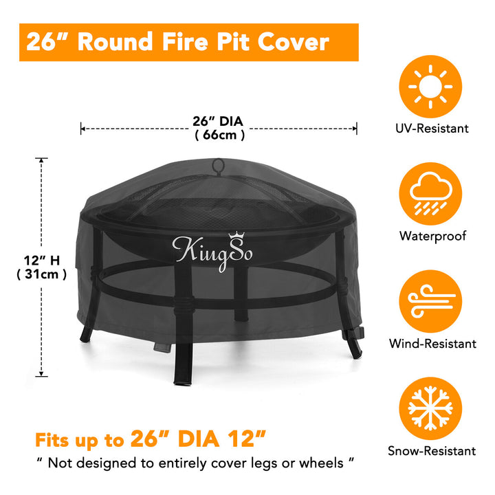 KINGSO Outdoor Fire Pit Cover Round 26" Waterproof 600D Heavy Duty Patio Fire Bowl Cover with Buckles, Drawstring Closure & 2 Air Vents Thick PVC Coat