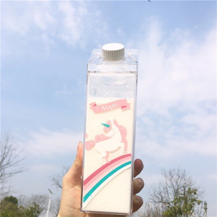 Portable Cup Novelty Milk Carton Shaped Cartoon Unicorn Printed Water Bottle