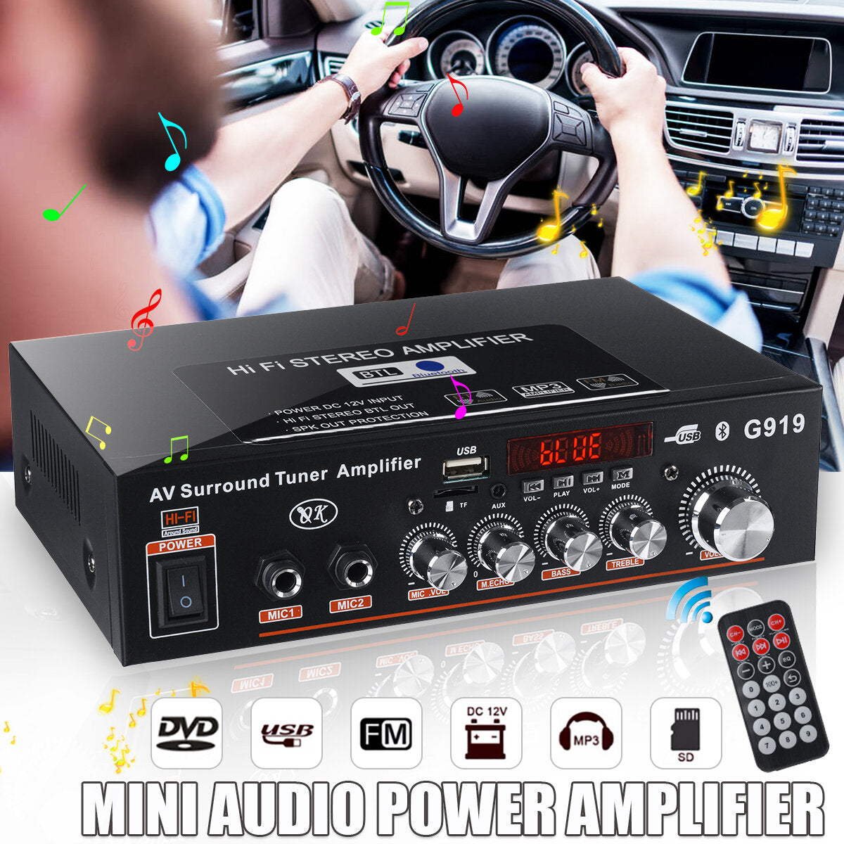 Intelligent Digital Power Amplifier Mini Power Amplifier Household Vehicle Dual Purpose 110-220V Vehicle DC12-24V