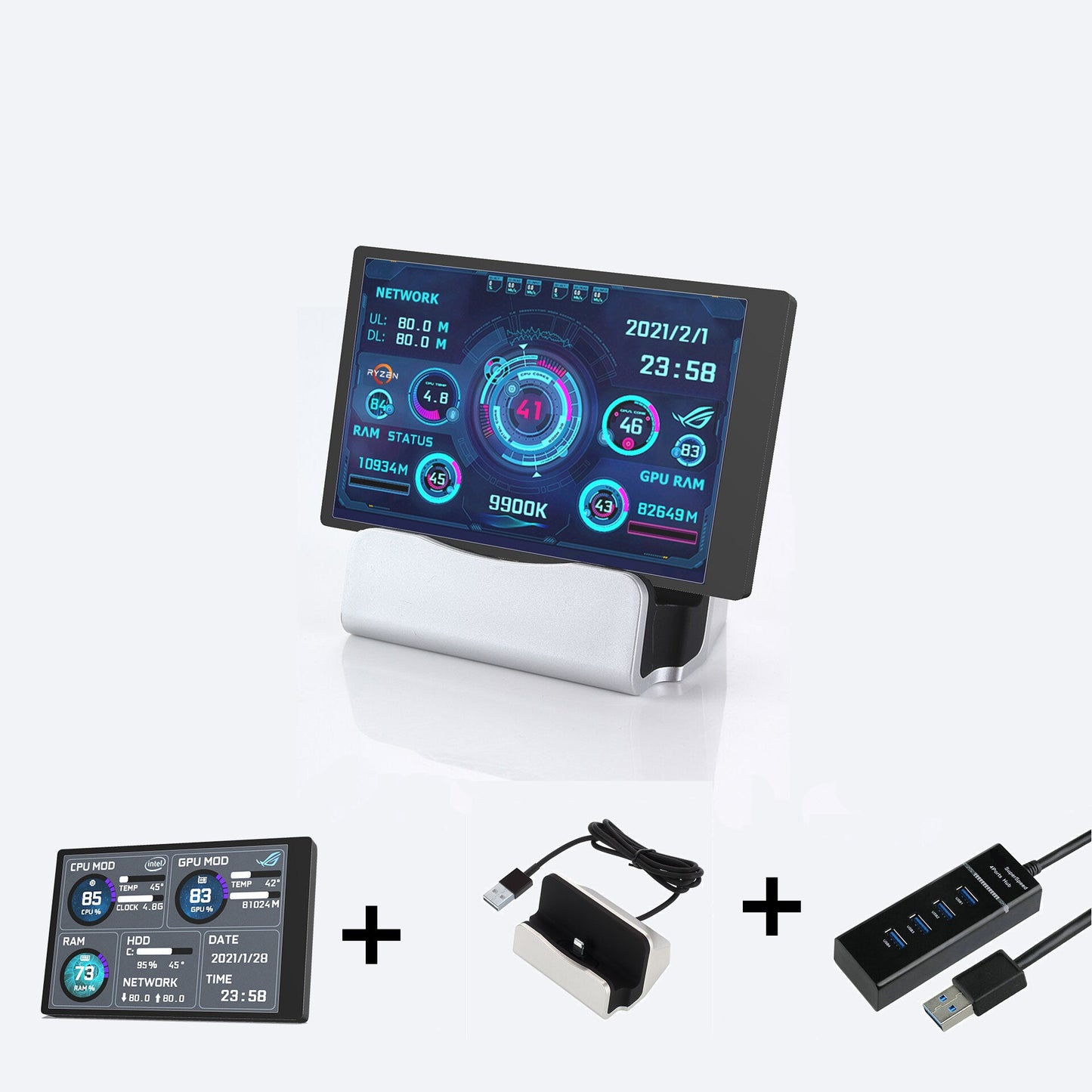 Computer Monitor for Mini ITX Case 3.5" IPS TYPE-C Secondary Screen CPU GPU RAM HDD USB Display AIDA64 +Stand + USB Hub