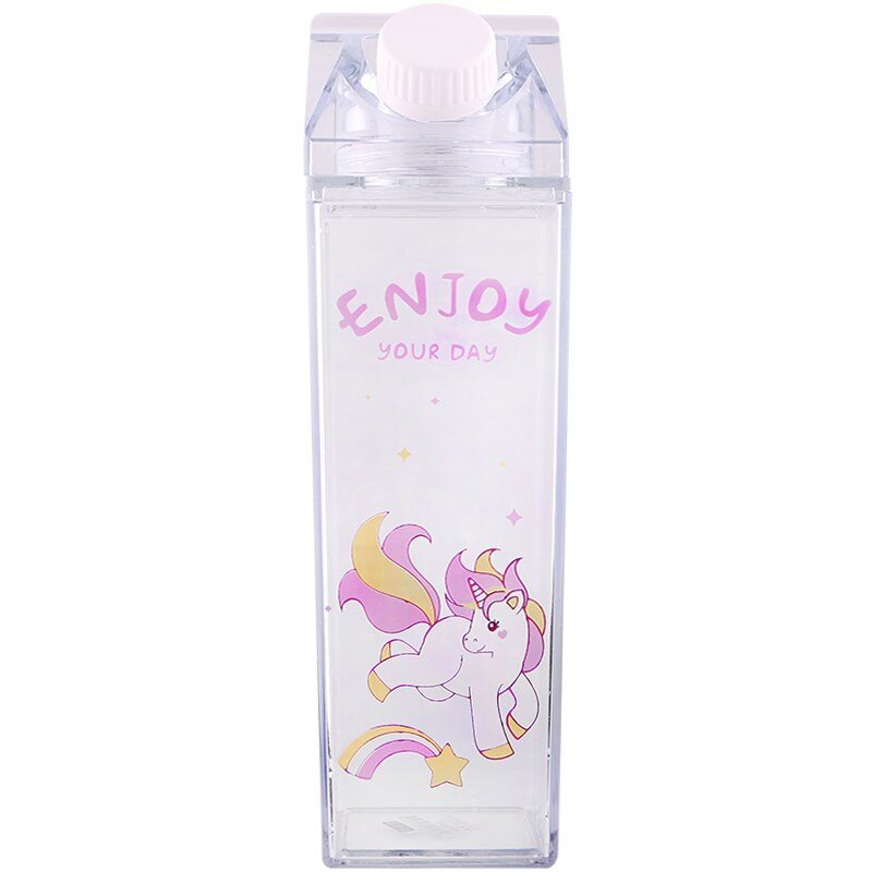 Portable Cup Novelty Milk Carton Shaped Cartoon Unicorn Printed Water Bottle