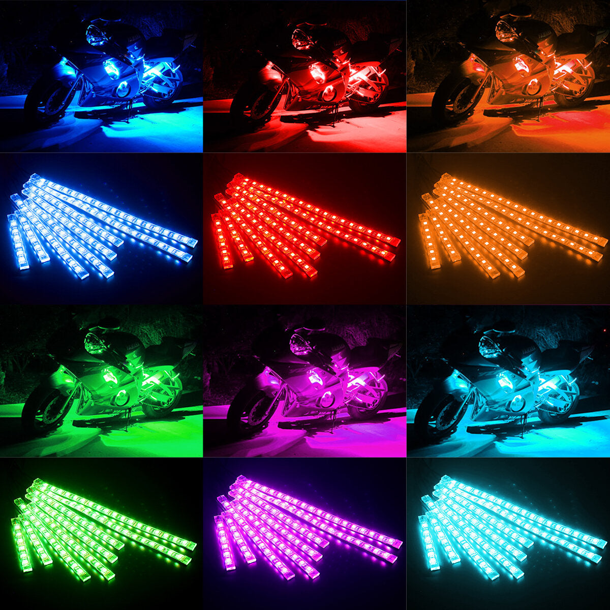 AMBOTHER 8Pcs Motorcycle LED Light Kits Strips DC 12-Volt Waterproof RGB Multi-Color Underglow Neon Ground Effect Atmosphere Lights with Remote and Adhesives Clips