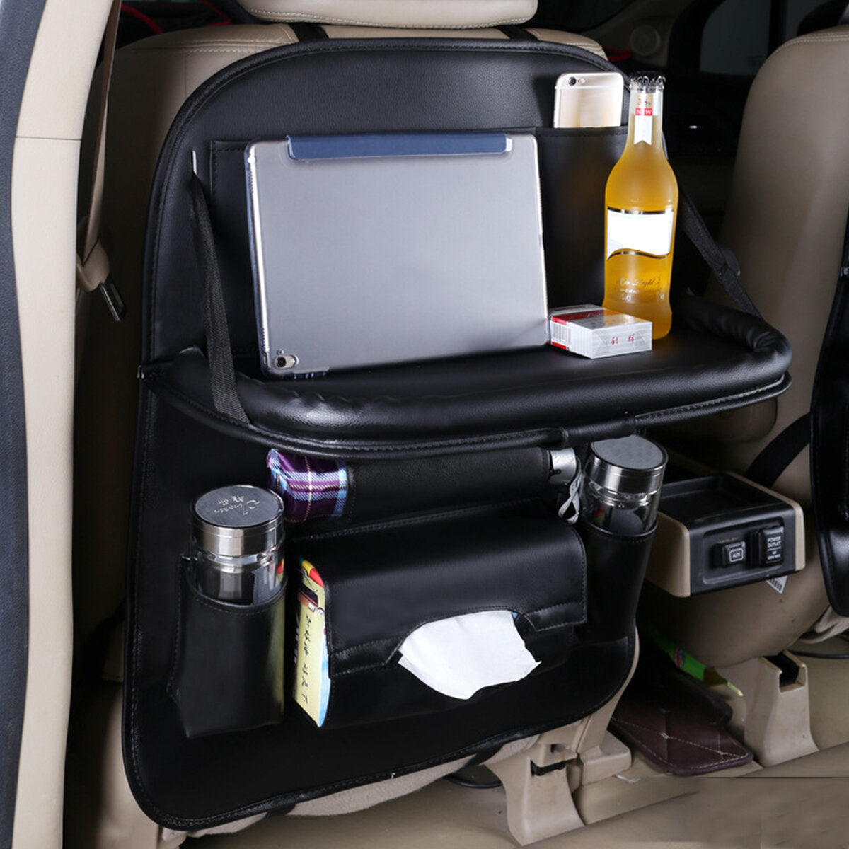 Seat Back Pocket Backrest Pocket Car Storage Bag Organizer Faux Leather Beige Black