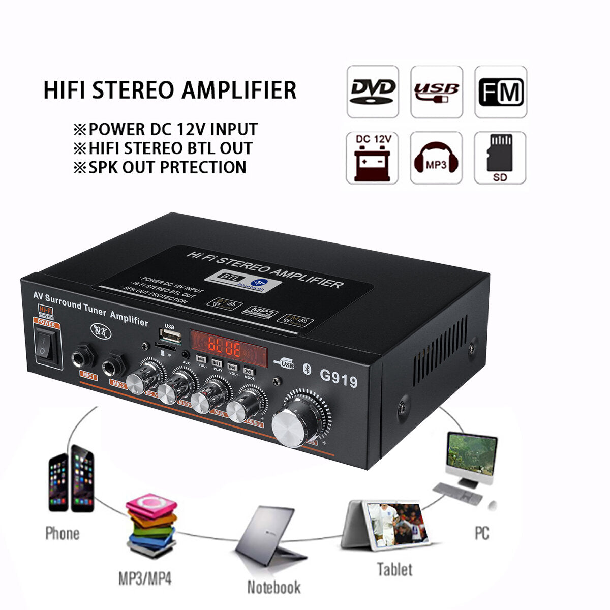 Intelligent Digital Power Amplifier Mini Power Amplifier Household Vehicle Dual Purpose 110-220V Vehicle DC12-24V